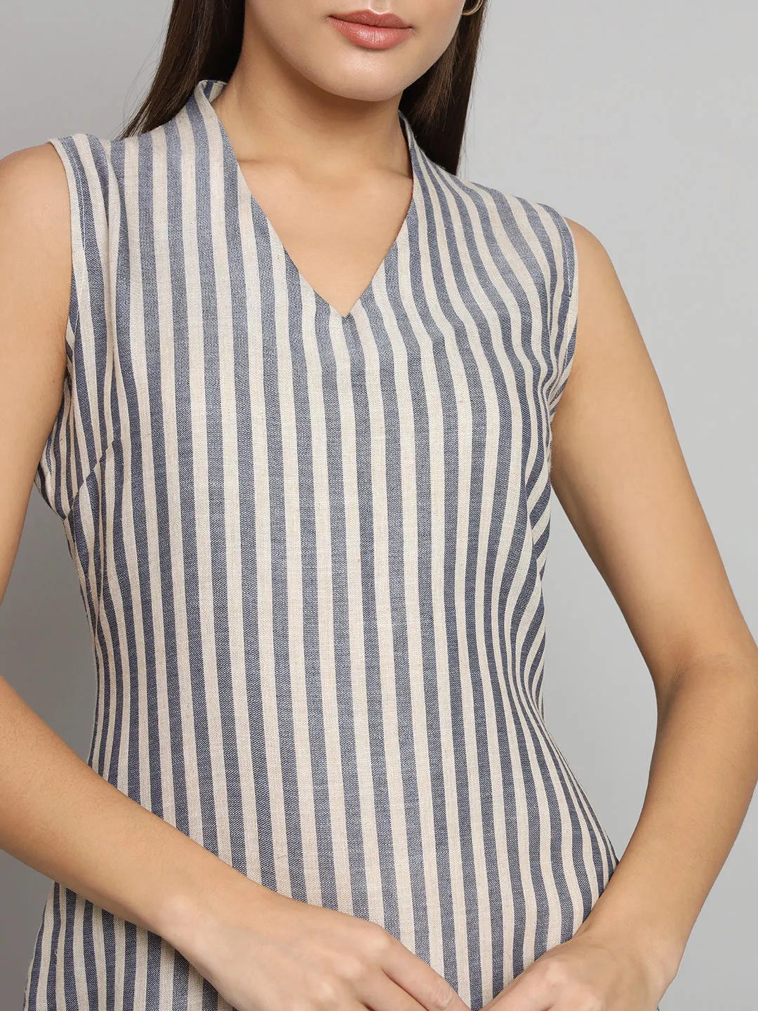 A-line Striped Poly Linen Dress- Blue and Beige