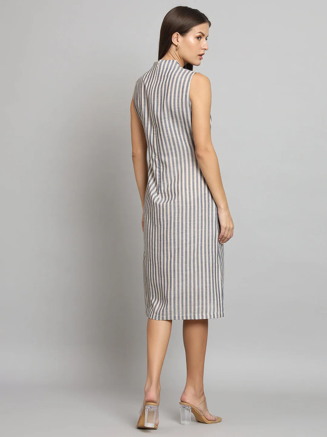 A-line Striped Poly Linen Dress- Blue and Beige