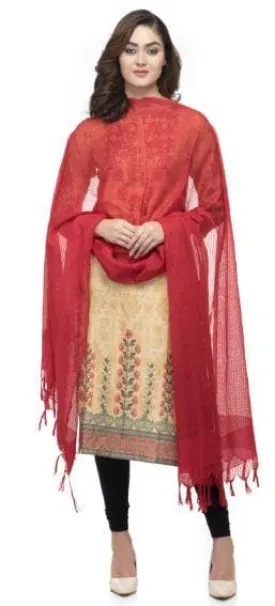 A R Silk Women's Cotton Self Design Red Regular Dupatta Plain Design