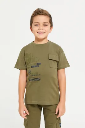 Boys Green Printed T-Shirt With Front Pocket