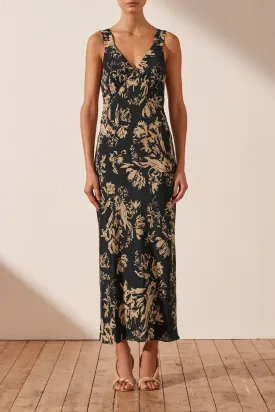 DAWN SILK PLUNGED MIDI DRESS