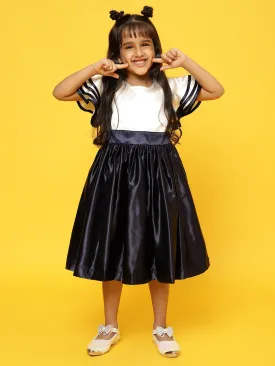 Girls Navy Blue & Cream Polyester Regular Fit Solid Dress