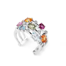 Multi coloured gemstones 18k white gold Triple row ring