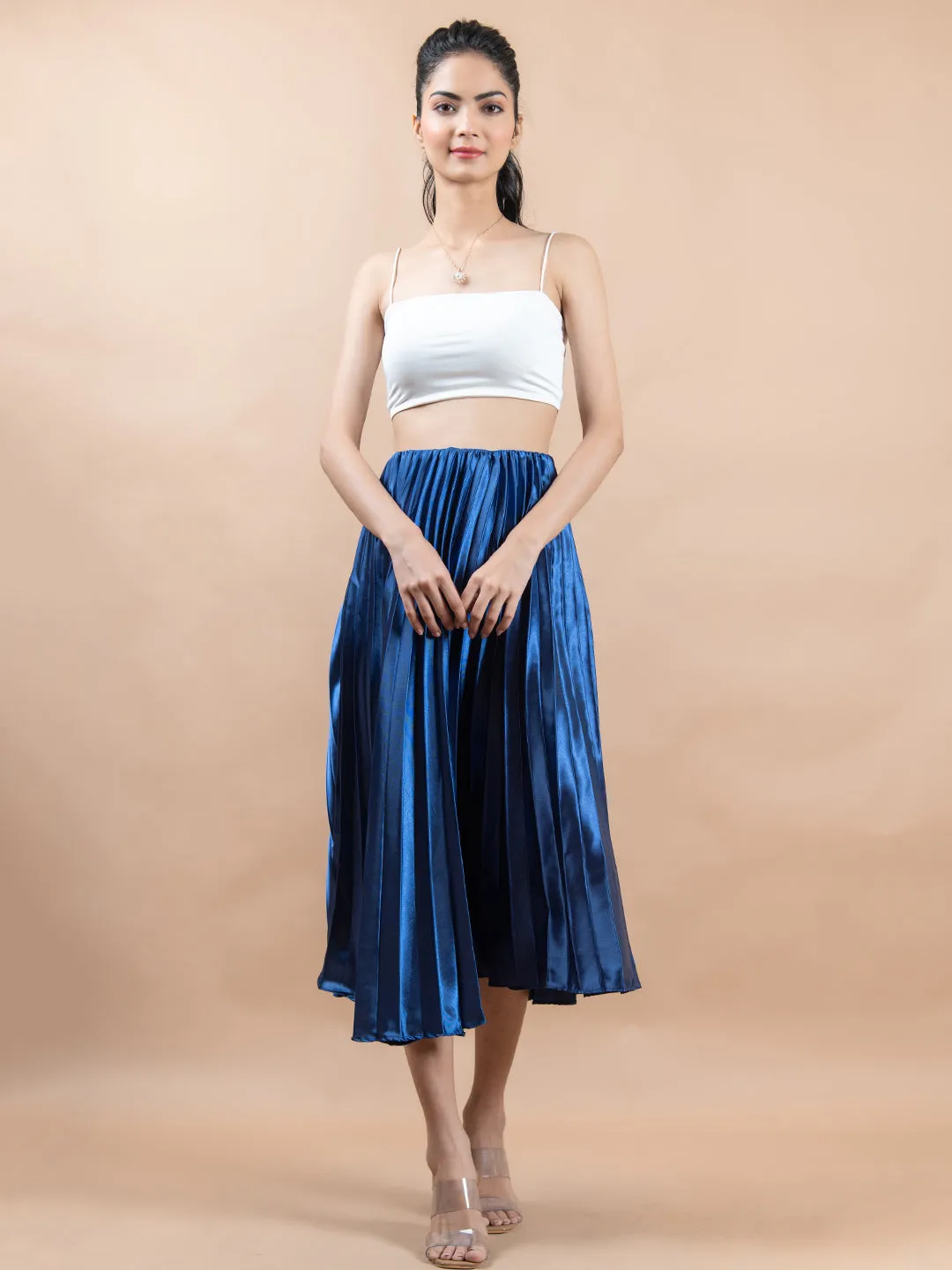 Navy Blue Flared Skirt with Accordion Pleats