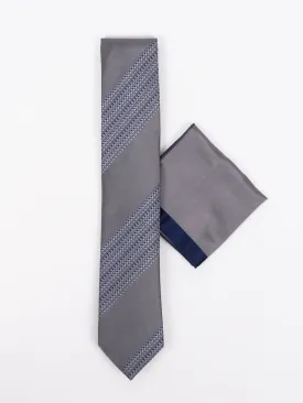 Pierre Cavelli Tie & Pocket Square Grey & Self Grey Stripes  PCTPS004