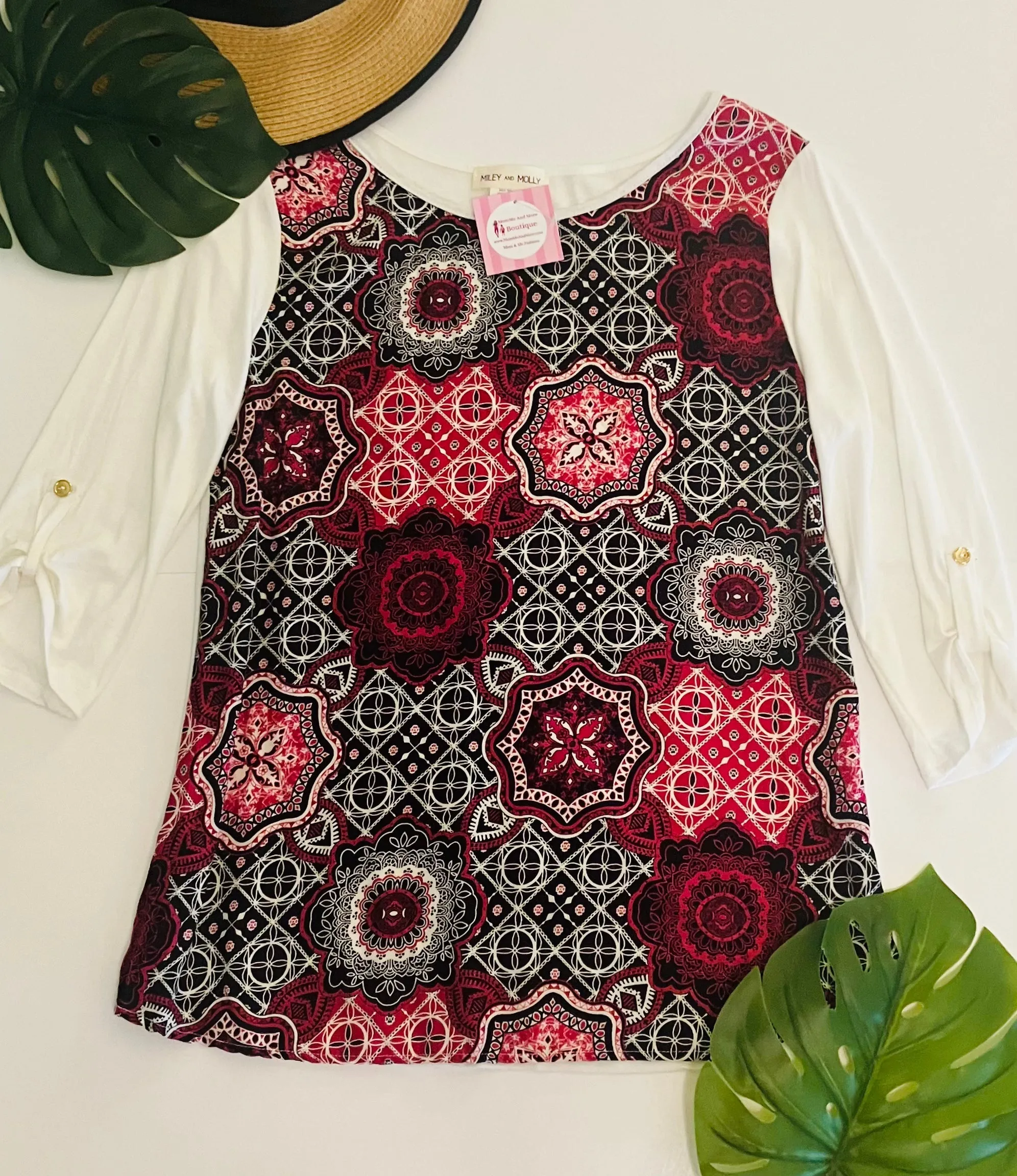 Womens Pink White Top | 3/4 Sleeve Shirt | Medallion Geometric Tunic